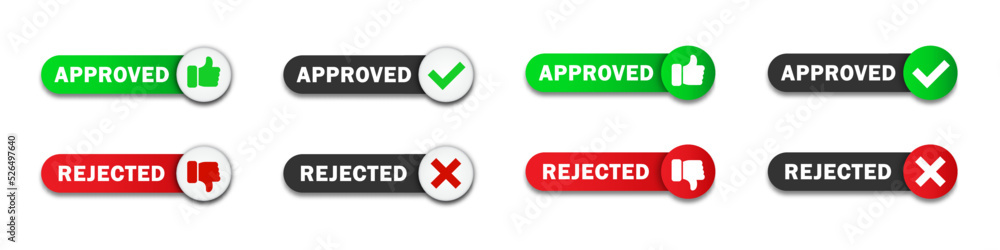 Approved and Rejected buttons set. Flat vector illustration. Approved and Rejected buttons set. Flat vector illustration.