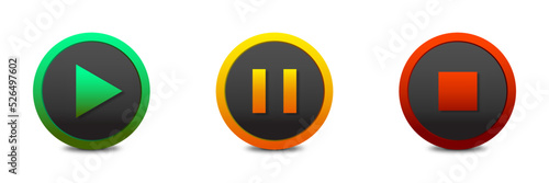 Play, pause and stop buttons. Green, yellow and green colors round buttons. Flat vector illustration.