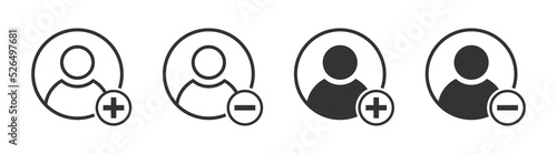 Add and remove user icons. Person icons with plus and minus symbols. Vector illustration.