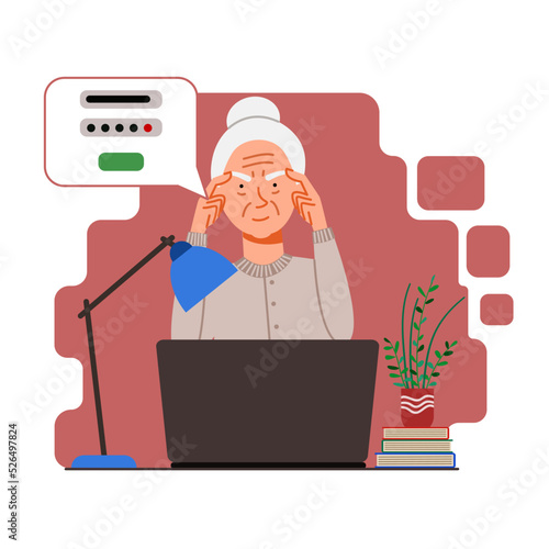 The concept of an elderly person thinking on a laptop. The old woman forgot his password and account login for the web page. Vector illustration in a flat style.