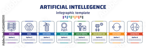 infographic template with icons and 8 options or steps. infographic for artificial intellegence concept. included servers, brain, data mining, recognition, laws of robotics, solar energy car,