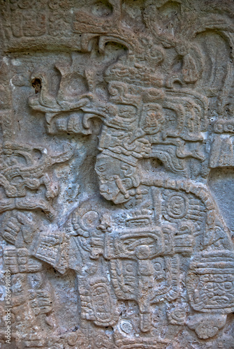 Carved wall of the mayan culture in the ancient city of Yaxchilan, Chiapas.