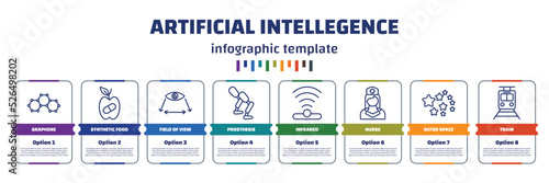 infographic template with icons and 8 options or steps. infographic for artificial intellegence concept. included graphene, synthetic food, field of view, prosthesis, infrared, nurse, outer space,