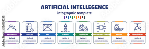 infographic template with icons and 8 options or steps. infographic for artificial intellegence concept. included speech bubble, check list, mail, flyboard, shopping bag, unsupervised learning,