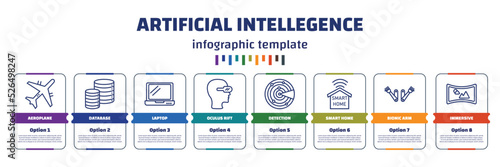 infographic template with icons and 8 options or steps. infographic for artificial intellegence concept. included aeroplane, database, laptop, oculus rift, detection, smart home, bionic arm,