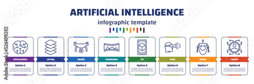 infographic template with icons and 8 options or steps. infographic for artificial intelligence concept. included intelligence, layers, drone, panorama, ar, view, robot, users icons.