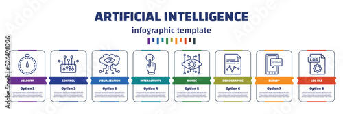 infographic template with icons and 8 options or steps. infographic for artificial intelligence concept. included velocity, control, visualization, interactivity, bionic, demographic, survey, log