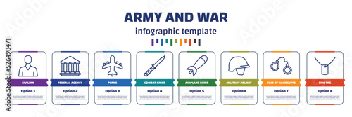 infographic template with icons and 8 options or steps. infographic for army and war concept. included civilian, federal agency, plane, combat knife, airplane bomb, military helmet, pair of