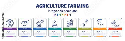 infographic template with icons and 8 options or steps. infographic for agriculture farming concept. included pesticide, cereals, greenhouse, manure, silo, farming fork, roak, bread icons.