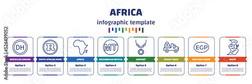 infographic template with icons and 8 options or steps. infographic for africa concept. included moroccan dirham, south african rand, africa, mozambican metical, pendant, pickup truck, egyptian