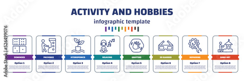 infographic template with icons and 8 options or steps. infographic for activity and hobbies concept. included dominoes, pachinko, hydroponics, relaxing, greeting, 3d glasses, repairing, sand art