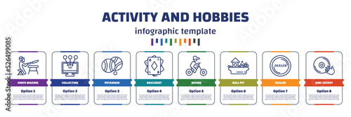 infographic template with icons and 8 options or steps. infographic for activity and hobbies concept. included knife making, collecting, petanque, baccarat, biking, ball pit, dealer, disc jockey