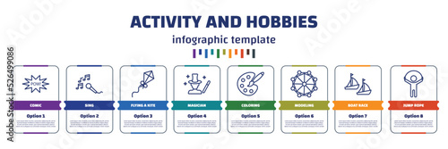 infographic template with icons and 8 options or steps. infographic for activity and hobbies concept. included comic, sing, flying a kite, magician, coloring, modeling, boat race, jump rope icons.