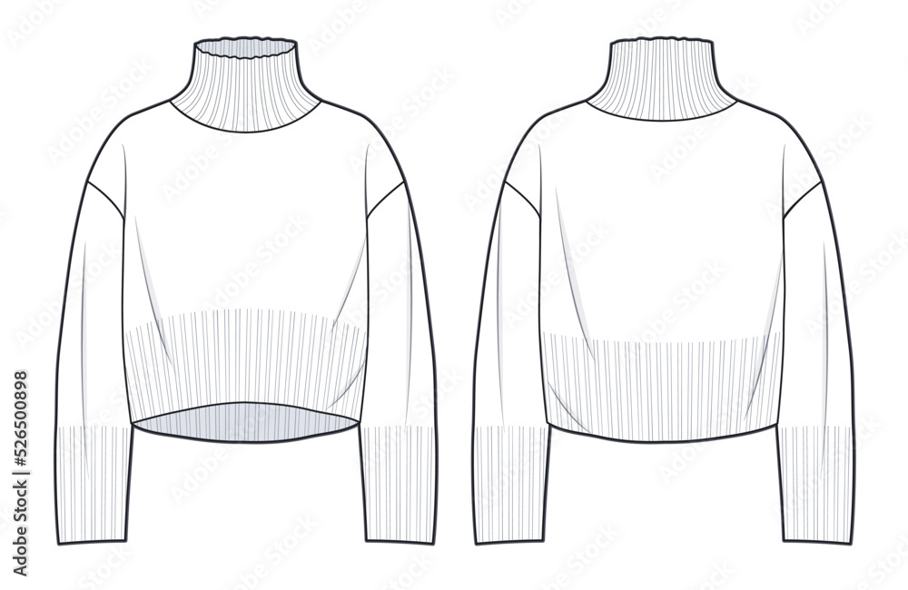 Overfit Roll Neck Sweater, technical fashion illustration. Cropped