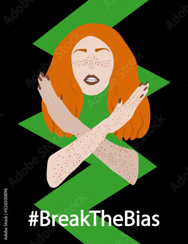 Break the bias concept. Head of redhaired woman with crossed arms in protest on black and green background. Women's gesture against discrimination. Vector illustration 