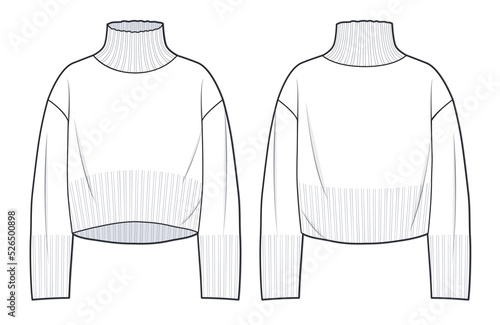 Overfit Roll Neck Sweater, technical fashion illustration. Cropped Sweater fashion technical drawing template, roll neck, long sleeve, front and back view, white, women, men, unisex CAD mock-up.