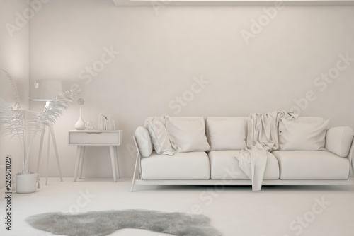 Mock up of minimalist living room in white color with sofa. Scandinavian interior design. 3D illustration