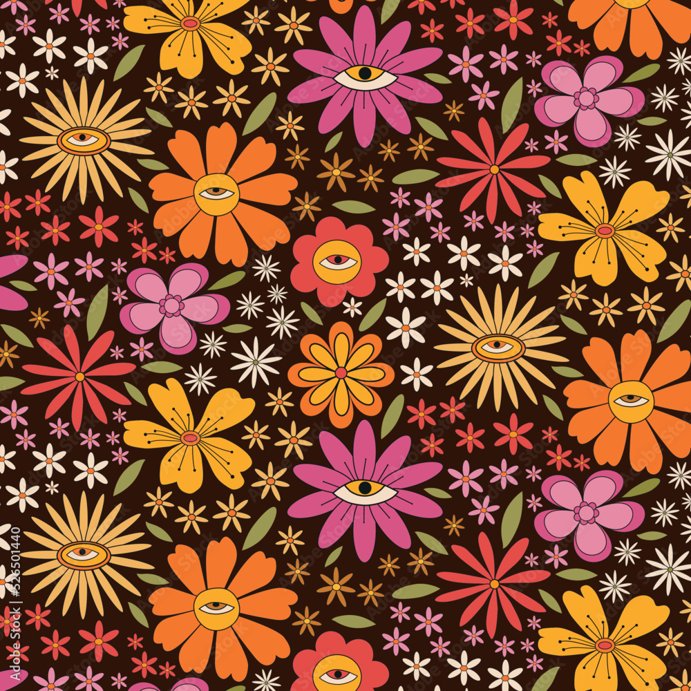 Hippie groovy psychedelic flowers with surreal eyes seamless pattern in red, orange, yellow, pink and white on dark background. For textile, fabric and home décor 
