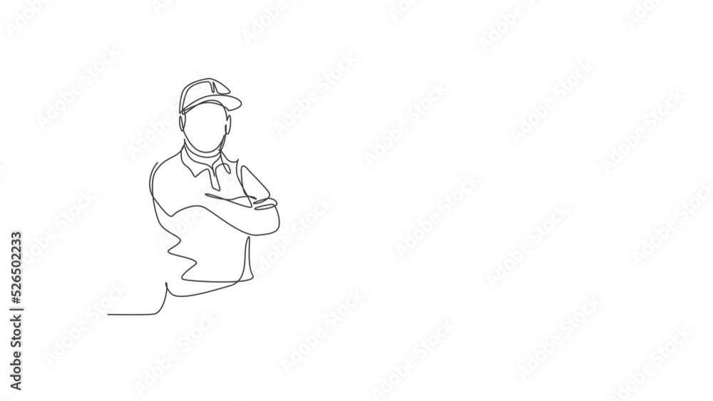 Animated self drawing of continuous one line draw young delivery man with uniform posing cross his hands on chest. Professional job profession minimalist concept. Full length single line animation. Animated self drawing of continuous one line draw young delivery man with uniform posing cross his hands on chest. Professional job profession minimalist concept. Full length single line animation.