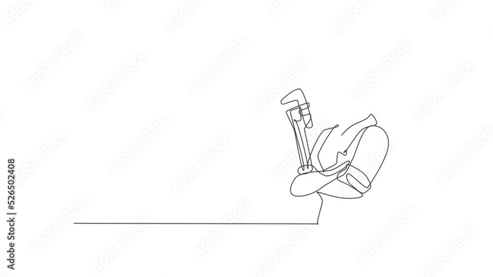 Animated self drawing of single continuous line draw young female plumber holding pipe wrench cross arms on chest. Professional work job occupation. Minimalism concept. Full length one line animation. Animated self drawing of single continuous line draw young female plumber holding pipe wrench cross arms on chest. Professional work job occupation. Minimalism concept. Full length one line animation.