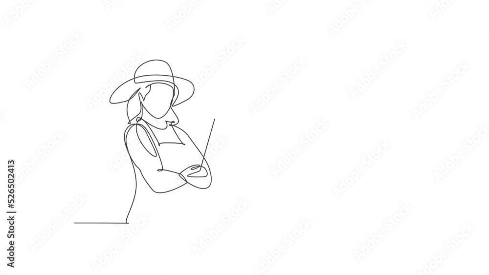 Self drawing animation of single line draw female farmer pose cross arm while holding fork. Professional work profession and occupation minimal concept. Continuous line draw. Full length animated. Self drawing animation of single line draw female farmer pose cross arm while holding fork. Professional work profession and occupation minimal concept. Continuous line draw. Full length animated.
