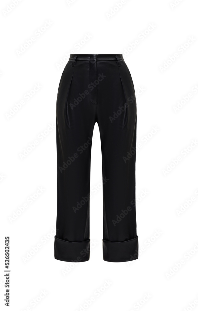 Ghost mannequin, Black women's faux leather pants without human model isolated on white background. Rolled up Cuffed Trousers for female ladies. 3d voluminous cloth. Template, mock up Ghost mannequin, Black women's faux leather pants without human model isolated on white background. Rolled up Cuffed Trousers for female ladies. 3d voluminous cloth. Template, mock up