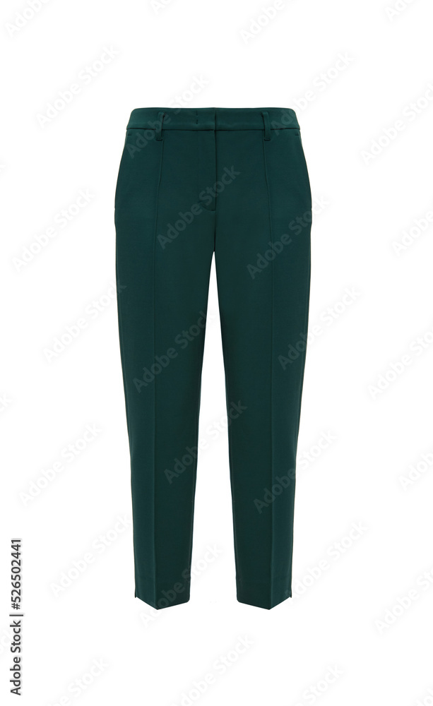 Ghost mannequin, Green emerald women's pants without human model isolated on white background. Pleated Trousers for female ladies. 3d voluminous cloth. Template, mock up Ghost mannequin, Green emerald women's pants without human model isolated on white background. Pleated Trousers for female ladies. 3d voluminous cloth. Template, mock up