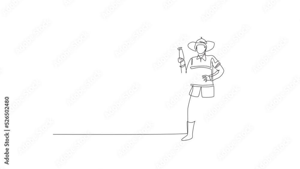 Self drawing animation of single line draw young fireman pose standing and holding water nozzle. Professional work profession and occupation minimal concept. Continuous line draw. Full length animated Self drawing animation of single line draw young fireman pose standing and holding water nozzle. Professional work profession and occupation minimal concept. Continuous line draw. Full length animated