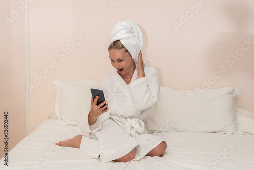 Surprised cell copyspace spa beauty bed female bathrobe hotel untying, concept white preparing from woman from treatment wellbeing, healthy robe. Happy people therapy, positive