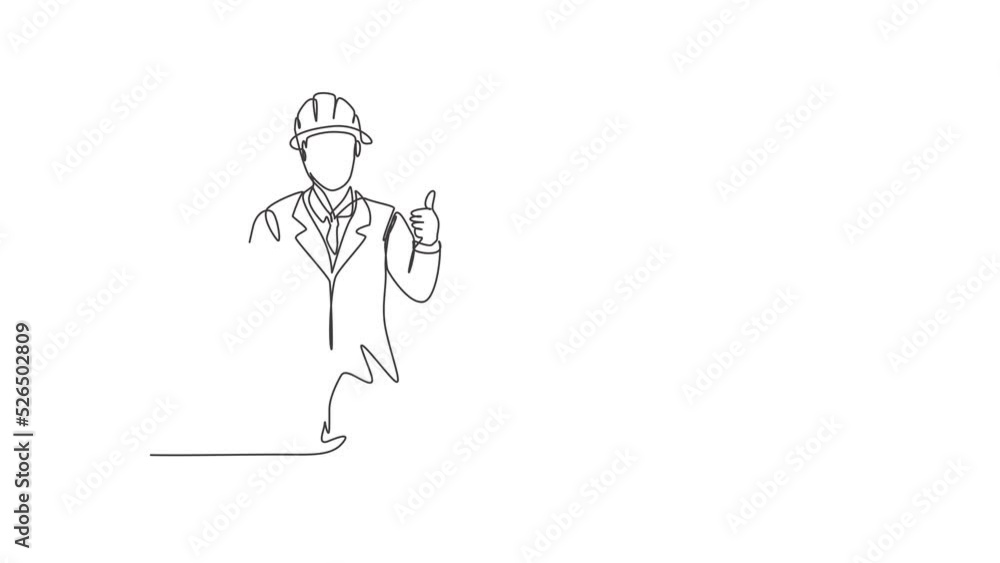 Animated self drawing of continuous line draw the architect with a gesture of raising his thumb and wearing a helmet carried a building construction drawing paper. Full length single line animation. Animated self drawing of continuous line draw the architect with a gesture of raising his thumb and wearing a helmet carried a building construction drawing paper. Full length single line animation.