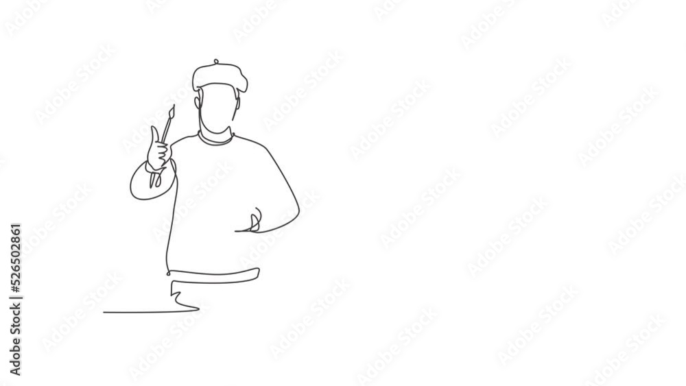 Animated self drawing of continuous line draw artist painter with a thumbs-up gesture using painting tools such as brushes, canvas, and watercolors in producing art. Full length one line animation. Animated self drawing of continuous line draw artist painter with a thumbs-up gesture using painting tools such as brushes, canvas, and watercolors in producing art. Full length one line animation.