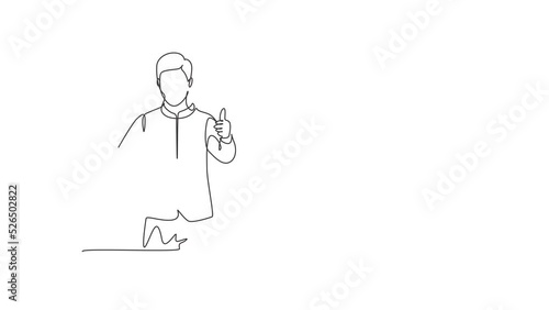 Self drawing animation of single one line draw hotel doorman in a very neat uniform poses with a thumbs up. Serve guests with a friendly and warm manner. Continuous line draw. Full length animated.