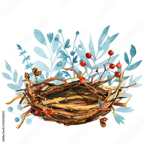 Bird's nest made of twigs, watercolor illustration on transparent background PNG