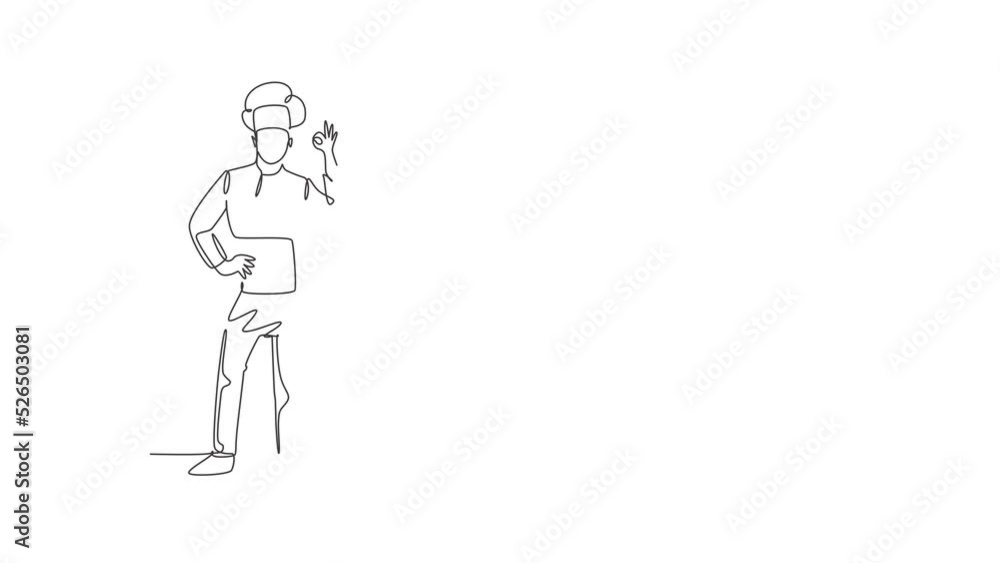 Self drawing animation of single line draw chef stands with gesture okay and wear cooking uniform prepares ingredients to cook the best dishes. Success job. Continuous line draw. Full length animated. Self drawing animation of single line draw chef stands with gesture okay and wear cooking uniform prepares ingredients to cook the best dishes. Success job. Continuous line draw. Full length animated.