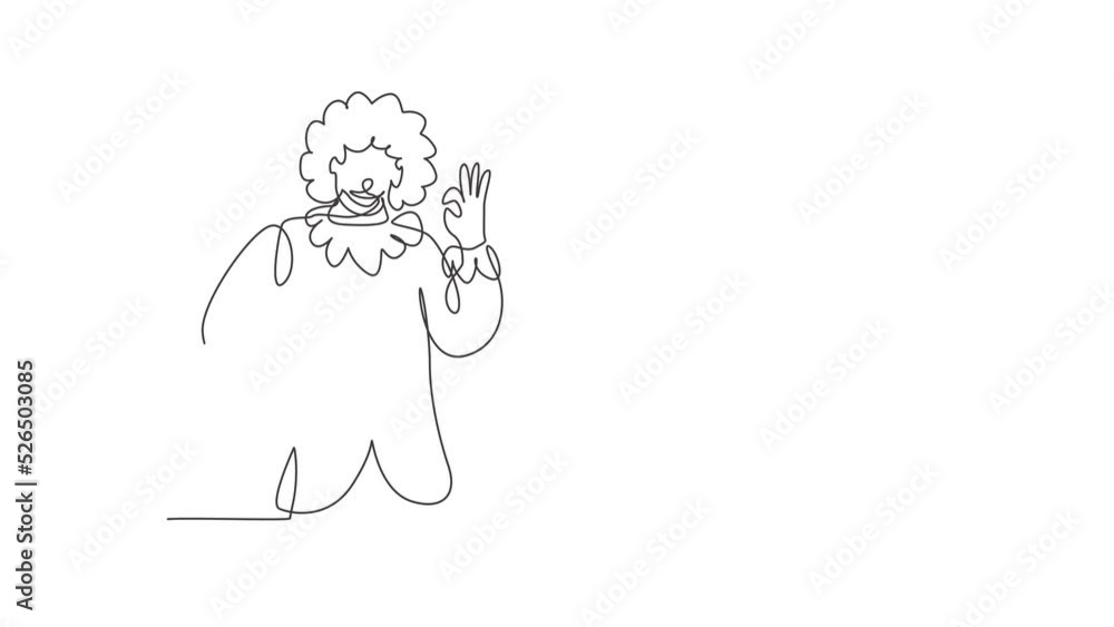 Self drawing animation of single line draw clown with gesture okay, wearing wig and smiling face makeup, entertaining kids at birthday party. Good perform. Continuous line draw. Full length animated. Self drawing animation of single line draw clown with gesture okay, wearing wig and smiling face makeup, entertaining kids at birthday party. Good perform. Continuous line draw. Full length animated.