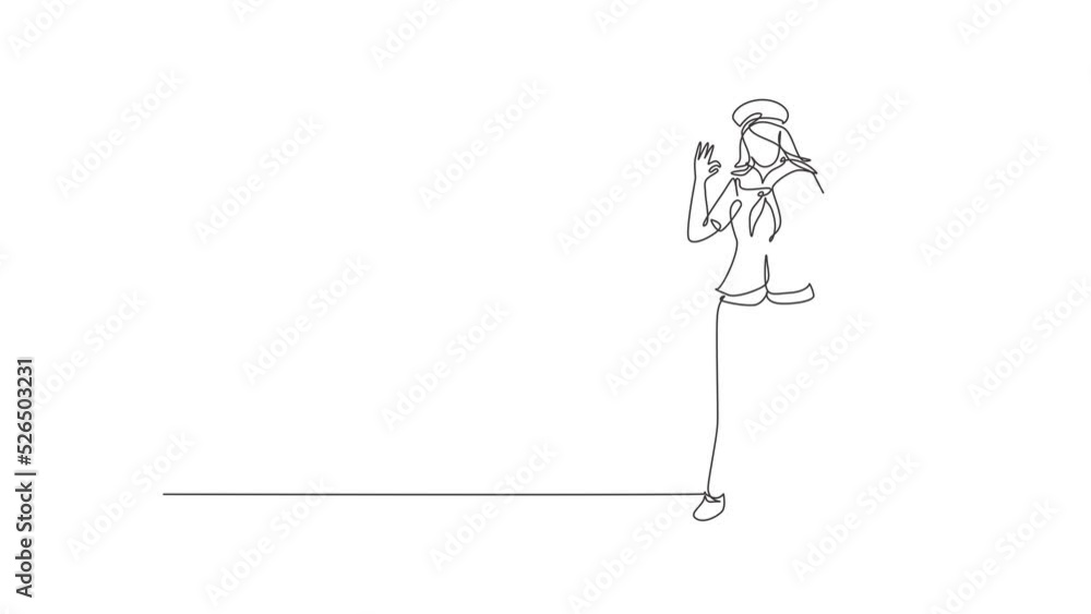 Animated self drawing of continuous one line draw sailor woman stands with gesture okay and scarf around his neck join cruise ship carrying passengers traveling seas. Full length single line animation Animated self drawing of continuous one line draw sailor woman stands with gesture okay and scarf around his neck join cruise ship carrying passengers traveling seas. Full length single line animation