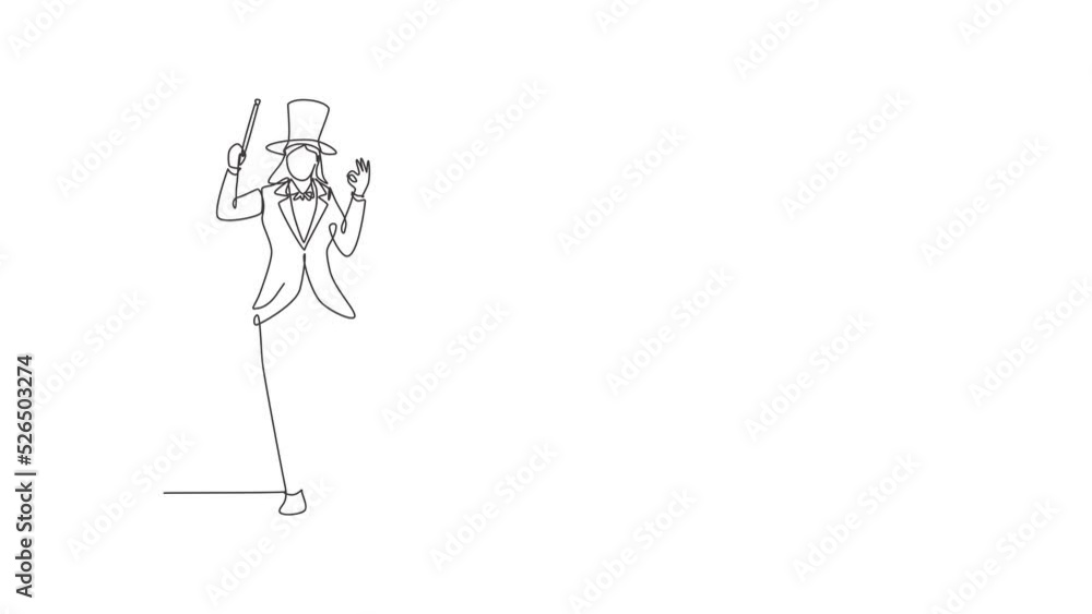 Animated self drawing of single continuous line draw female magician stands with gesture okay wearing hat and holding magic wand performing tricks at circus show. Full length one line animation. Animated self drawing of single continuous line draw female magician stands with gesture okay wearing hat and holding magic wand performing tricks at circus show. Full length one line animation.