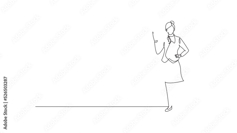 Self drawing animation of single line draw flight attendant stands in uniform with gesture okay prepare at airport with the crew flying to their destination. Continuous line draw. Full length animated Self drawing animation of single line draw flight attendant stands in uniform with gesture okay prepare at airport with the crew flying to their destination. Continuous line draw. Full length animated