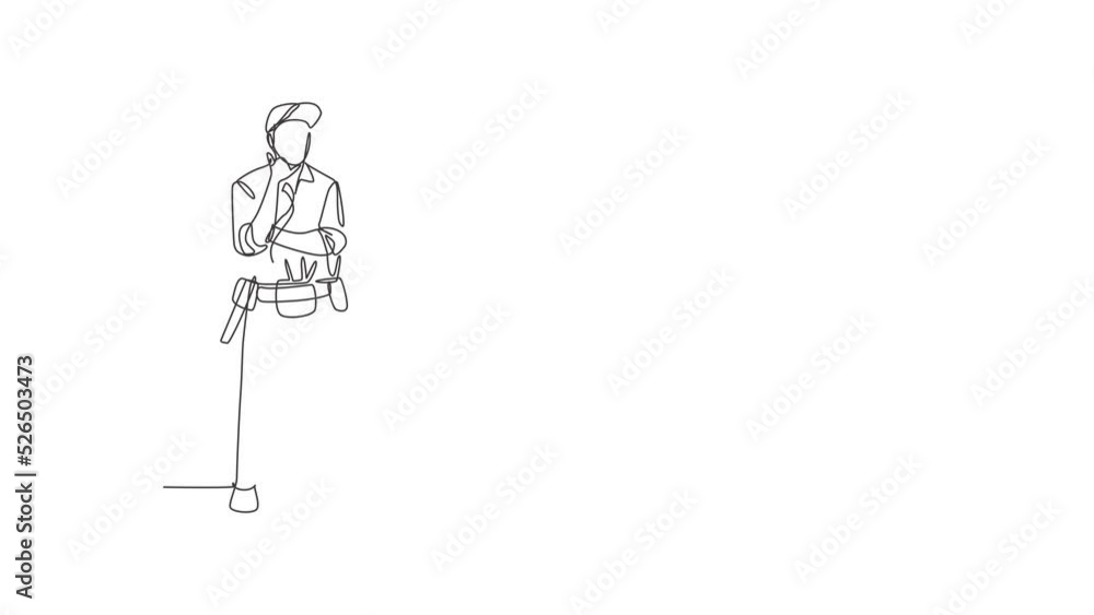 Self drawing of single one line draw handyman stands with call me gesture and tools such as pliers, screwdriver, hammer that is placed on work shirt. Continuous line draw. Full length animated. Self drawing of single one line draw handyman stands with call me gesture and tools such as pliers, screwdriver, hammer that is placed on work shirt. Continuous line draw. Full length animated.