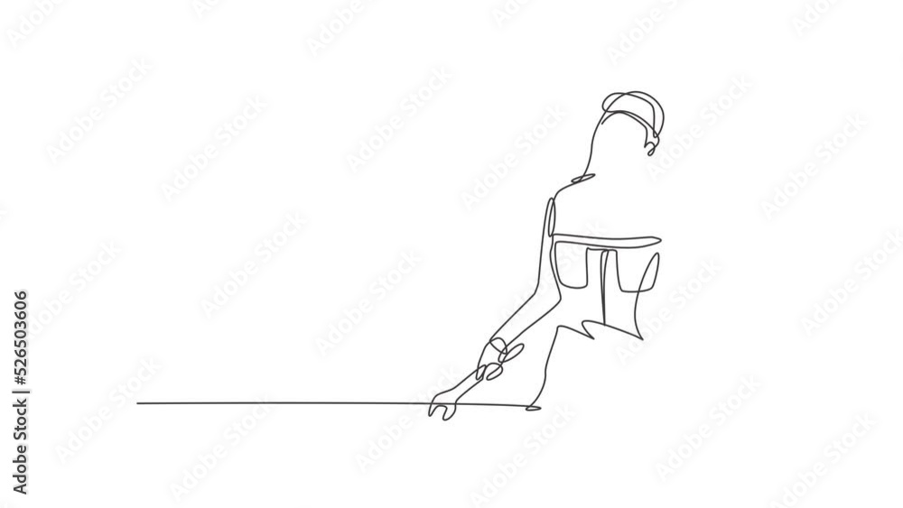 Animated self drawing of continuous one line draw female mechanic with call me gesture and holding wrench works to fix broken car engine in garage. Success business. Full length single line animation. Animated self drawing of continuous one line draw female mechanic with call me gesture and holding wrench works to fix broken car engine in garage. Success business. Full length single line animation.