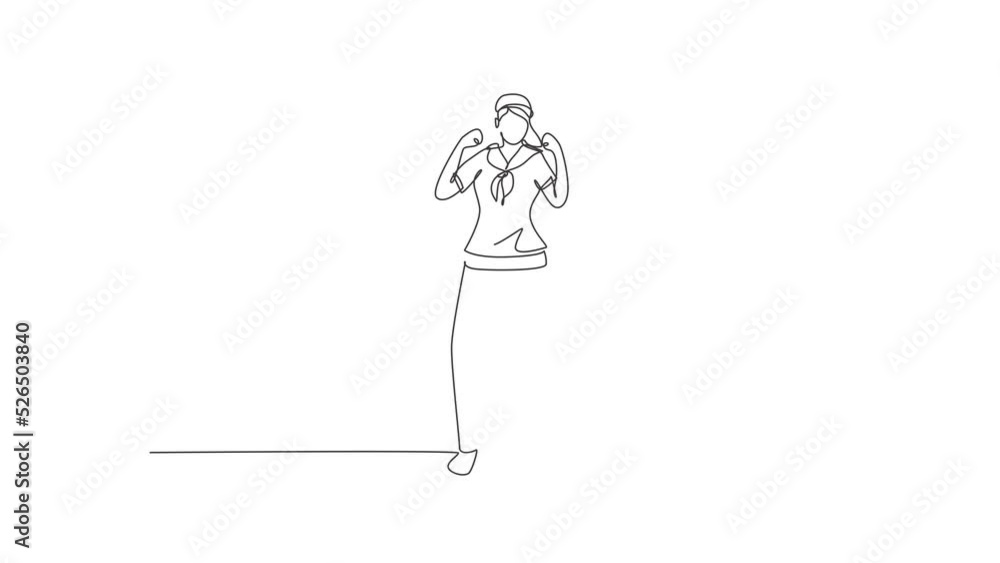 Self drawing animation of single line draw sailor woman stands with celebrate gesture and scarf join cruise ship carrying passengers traveling across seas. Continuous line draw. Full length animated. Self drawing animation of single line draw sailor woman stands with celebrate gesture and scarf join cruise ship carrying passengers traveling across seas. Continuous line draw. Full length animated.