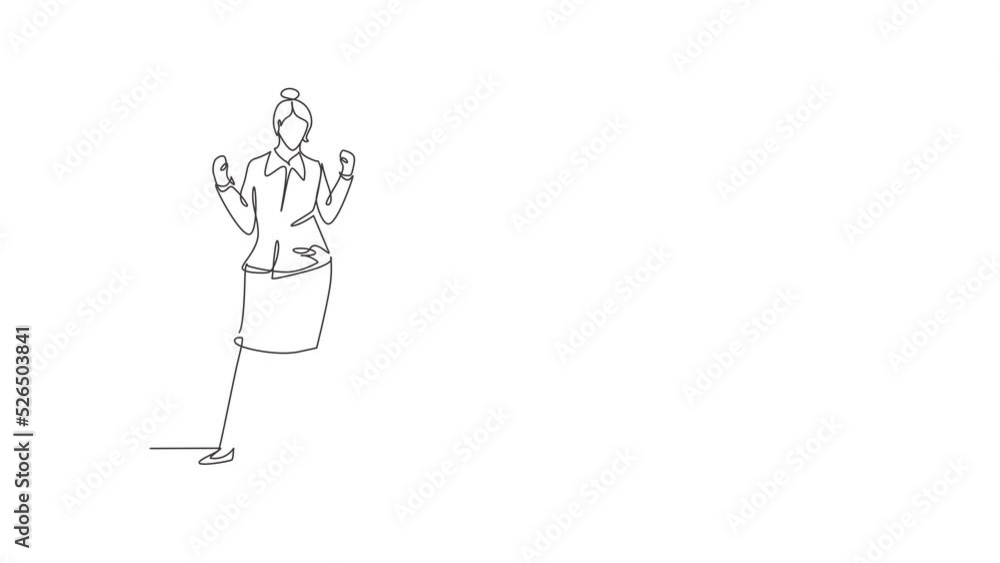 Self drawing animation of single one line draw flight attendant stands with celebrate gesture and uniform prepare at airport with crew flying to destination. Continuous line draw. Full length animated Self drawing animation of single one line draw flight attendant stands with celebrate gesture and uniform prepare at airport with crew flying to destination. Continuous line draw. Full length animated