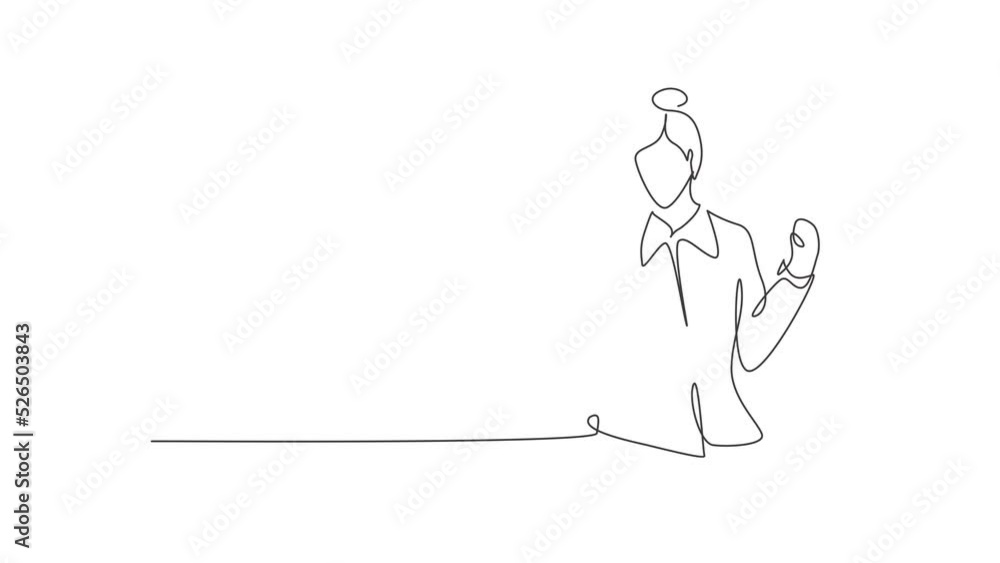 Self drawing animation of single line draw flight attendant with celebrate gesture ready to serve airplane passengers in friendly, warm manner. Success job. Continuous line draw. Full length animated. Self drawing animation of single line draw flight attendant with celebrate gesture ready to serve airplane passengers in friendly, warm manner. Success job. Continuous line draw. Full length animated.