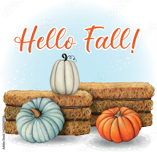watercolor hand drawn hay bales with pumpkins