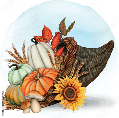 Watercolor woven cornucopia full of pumpkins