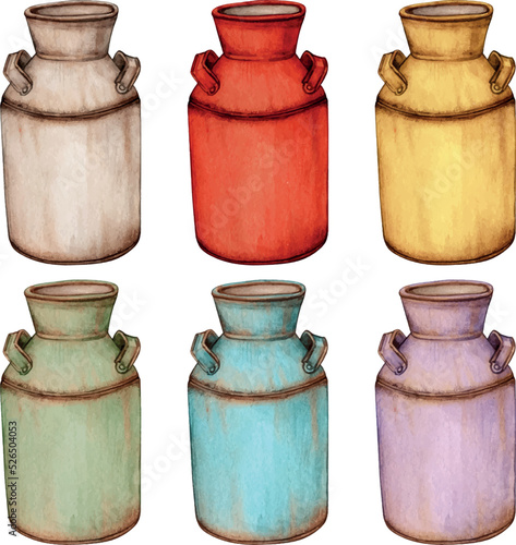 Watercolor hand drawn vintage milk can