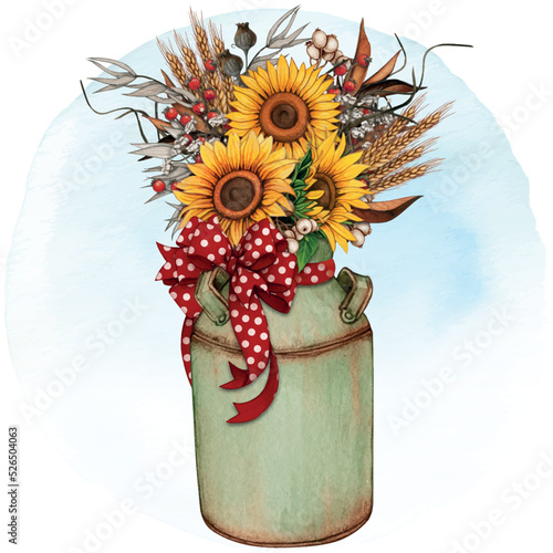 Watercolor vintage milk bucket with sunflowers