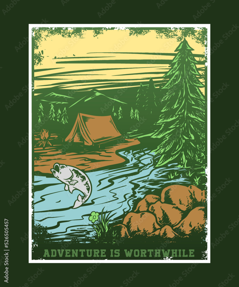 Tshirt or poster design with illustration of wild nature and tent Tshirt or poster design with illustration of wild nature and tent