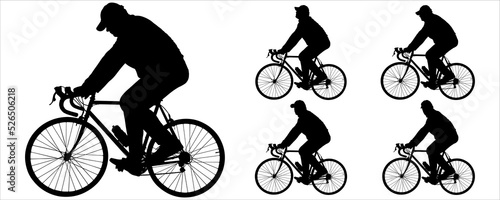 Five men riding a bicycle. A guy in a cap and tracksuit on a road bike is in motion. One person, but with a different turn of the head, in all directions. Black silhouette isolated on white background