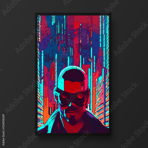 Cyberpunk man portrait.The concept of virtual reality. Man fashion concept, minimalistic style. Trendy modern illustration for poster, banner, cover.